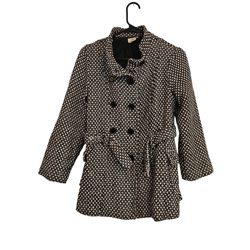 BYER CALIFORNIA Black White Textured Double Breasted Belted Jacket Womens XL